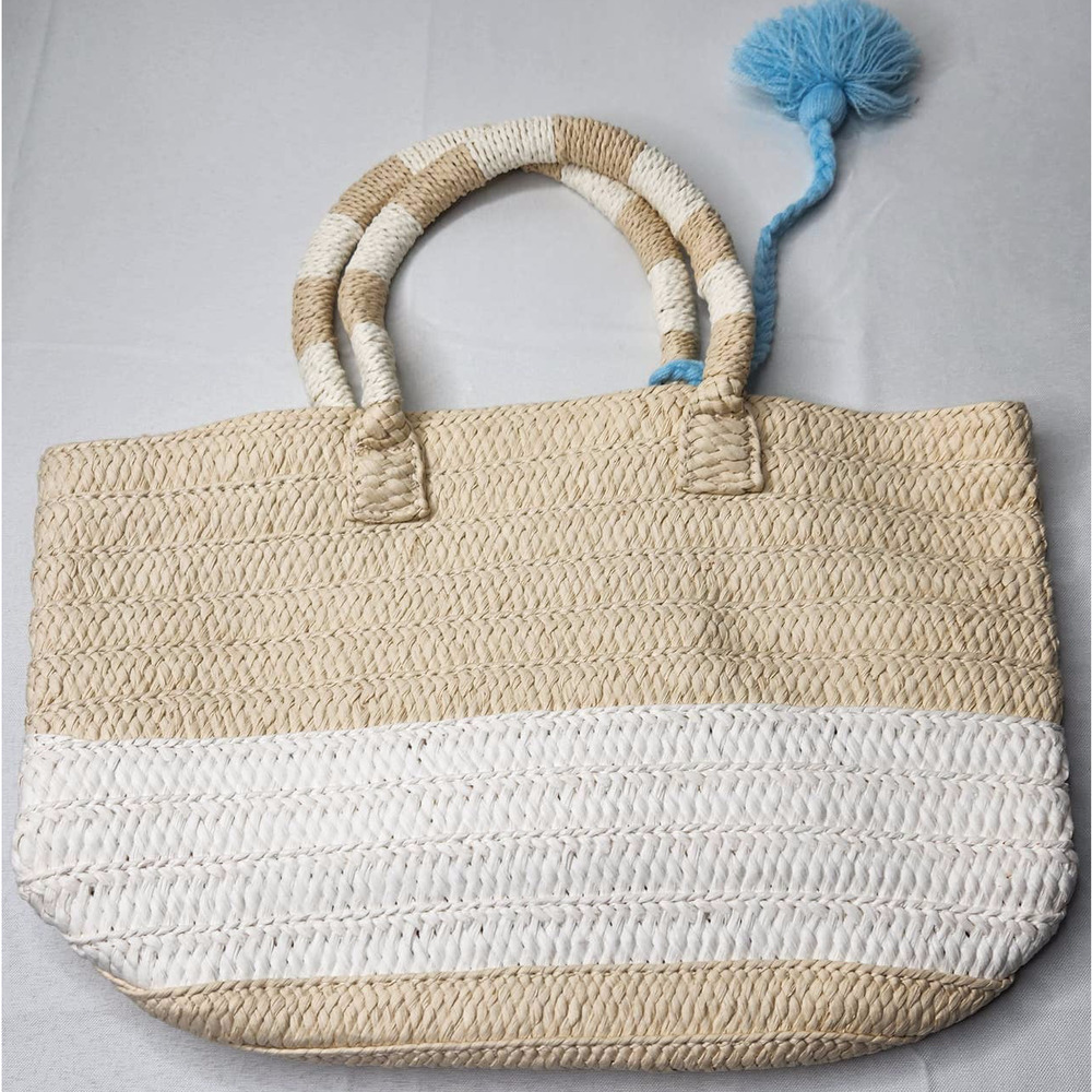 Altru Women's Tan White Pom Pom Tassel Beach Shopping Straw Woven Tote Bag - Picture 3 of 8